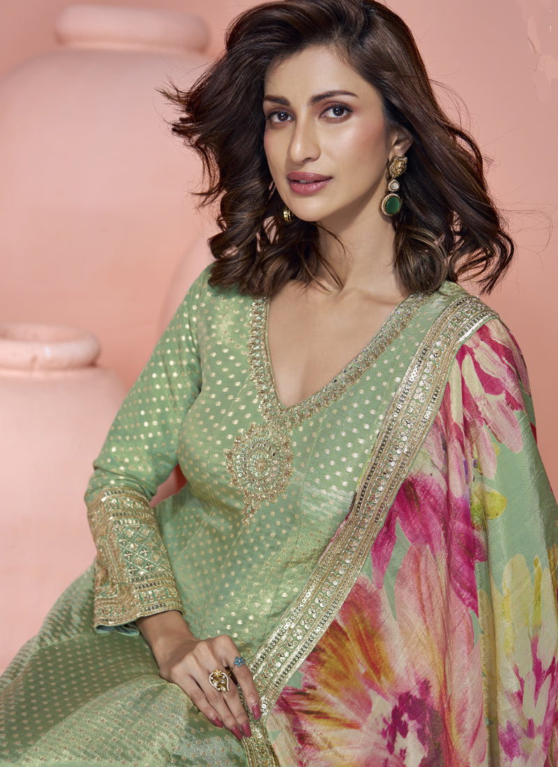Vegaa Fashion Pista Green Viscose Jacquard Silk Embroidered Anarkali Suit