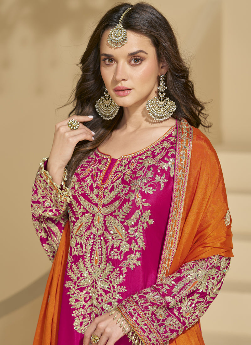 Vegaa Fashion Pink Chinon Silk Embroidered Palazzo Suit