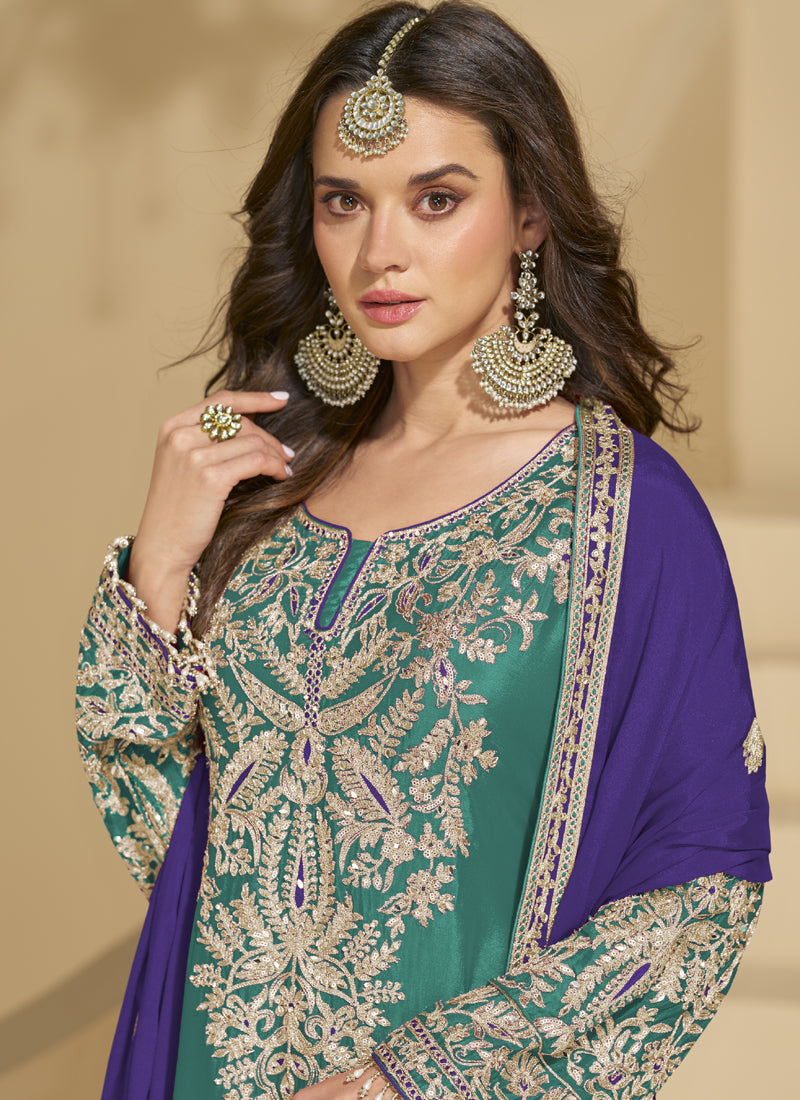 Vegaa Fashion Rama Green Chinon Silk Embroidered Palazzo Suit