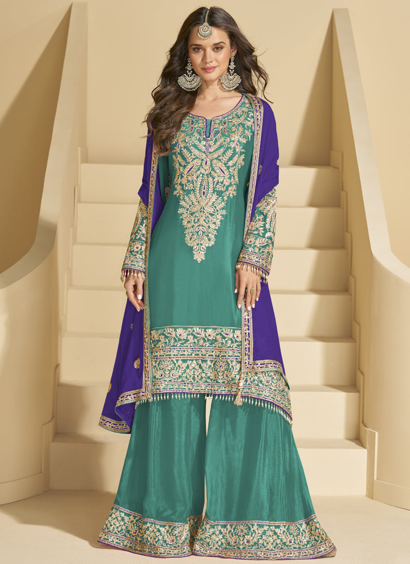 Vegaa Fashion Rama Green Chinon Silk Embroidered Palazzo Suit