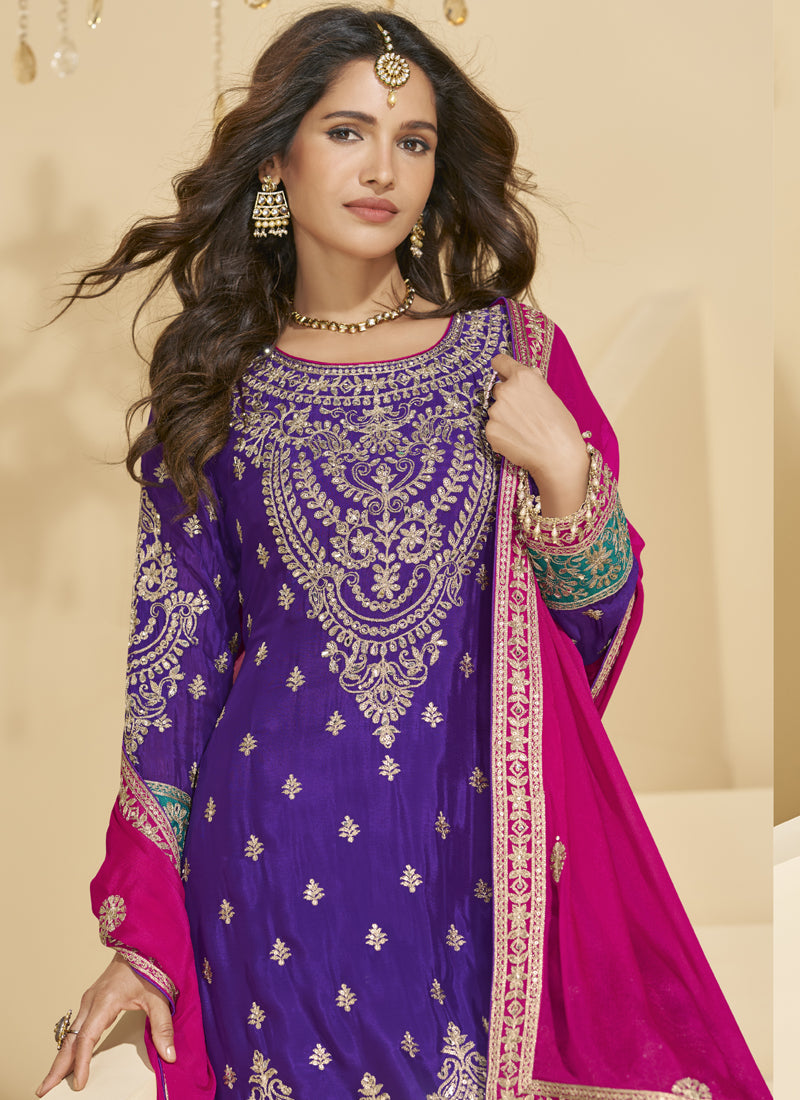 Vegaa Fashion Violet Chinon Silk Embroidered Palazzo Suit