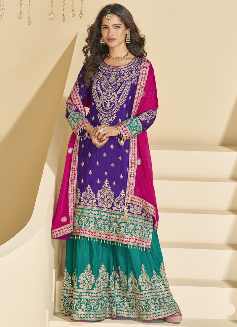 Vegaa Fashion Violet Chinon Silk Embroidered Palazzo Suit