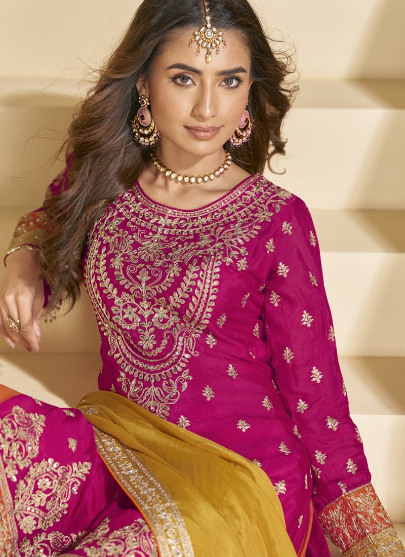 Vegaa Fashion Rani Pink Chinon Silk Embroidered Palazzo Suit
