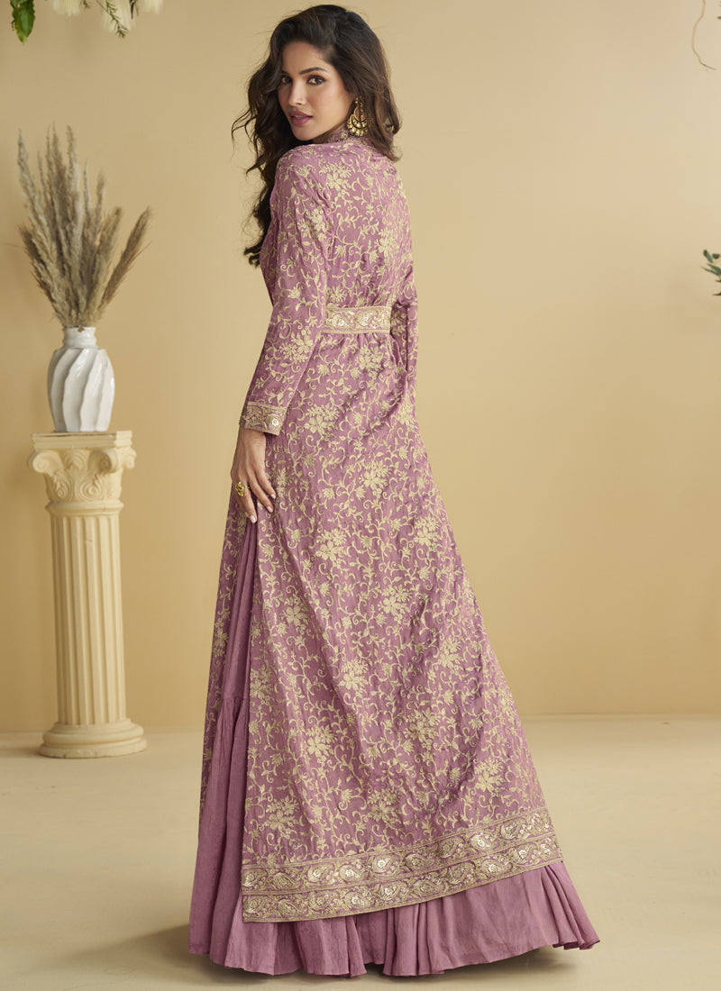 Vegaa Fashion Onion Pink Chinon Silk Embroidered Designer Gown With Shrug