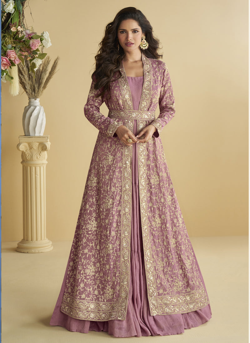 Vegaa Fashion Onion Pink Chinon Silk Embroidered Designer Gown With Shrug