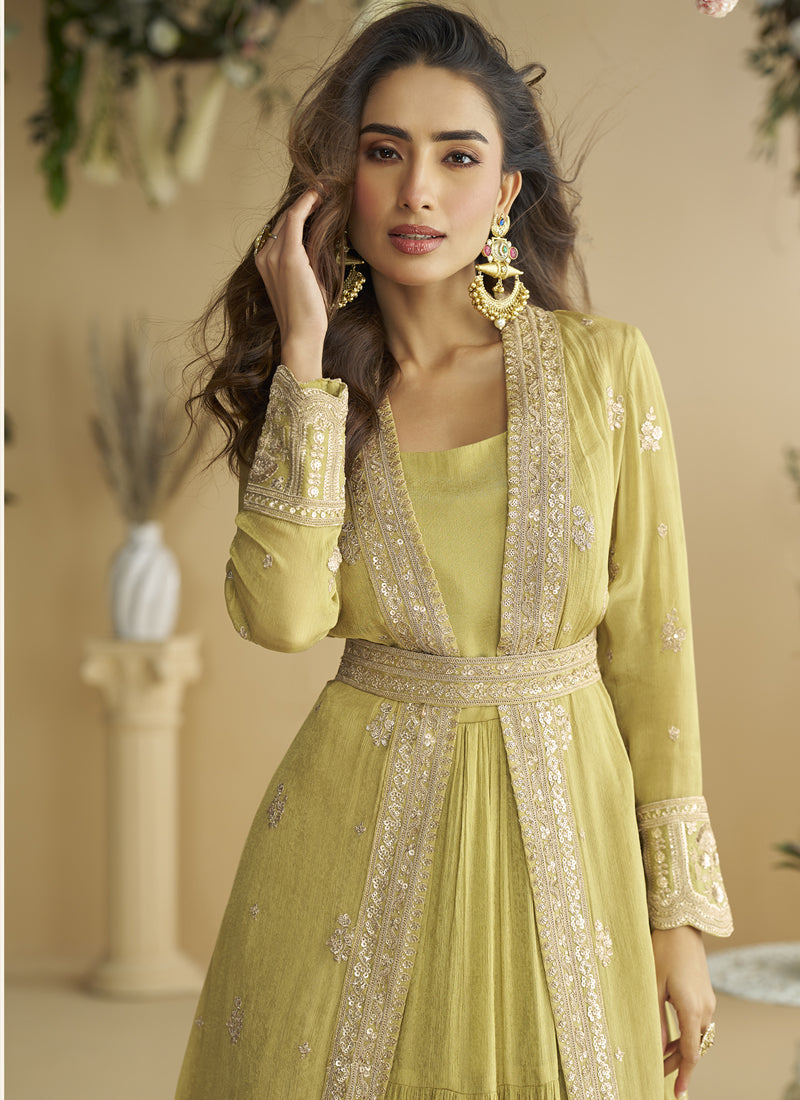 Vegaa Fashion Lemon Yellow Chinon Silk Embroidered Designer Gown With Shrug