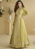 Vegaa Fashion Lemon Yellow Chinon Silk Embroidered Designer Gown With Shrug