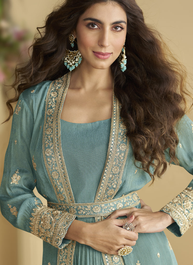 Vegaa Fashion Sky Blue Chinon Silk Embroidered Designer Gown With Shrug