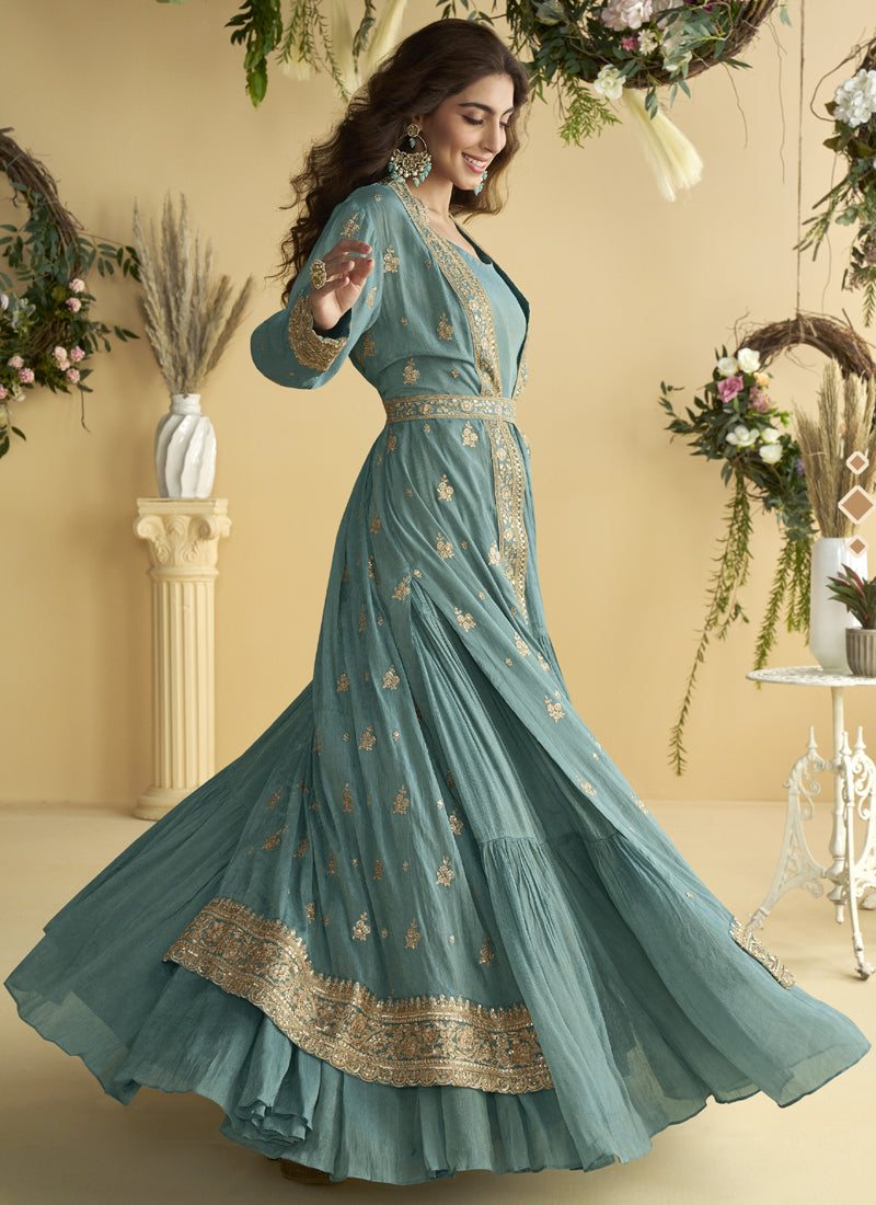Vegaa Fashion Sky Blue Chinon Silk Embroidered Designer Gown With Shrug