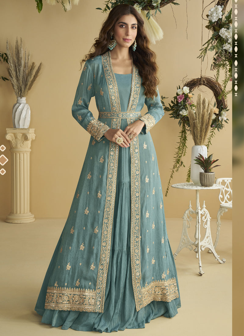 Vegaa Fashion Sky Blue Chinon Silk Embroidered Designer Gown With Shrug