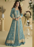 Vegaa Fashion Sky Blue Chinon Silk Embroidered Designer Gown With Shrug