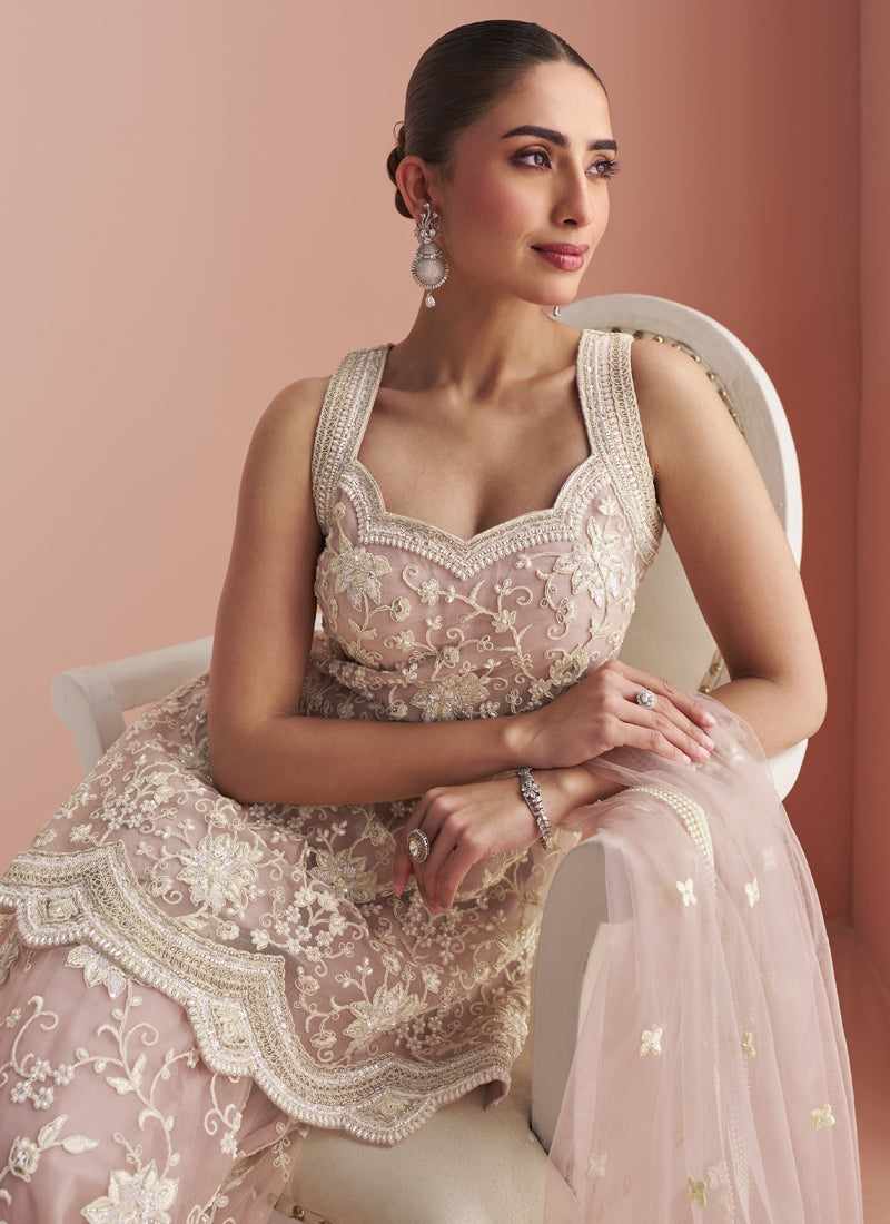 Vegaa Fashion Light Onion Pink Net Embroidered Beads Trendy Palazzo Suit
