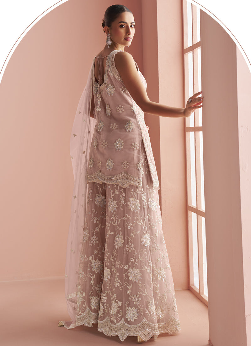 Vegaa Fashion Light Onion Pink Net Embroidered Beads Trendy Palazzo Suit