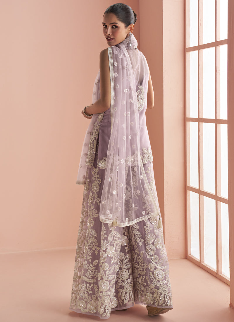 Vegaa Fashion Light Lavender Net Embroidered Beads Trendy Palazzo Suit