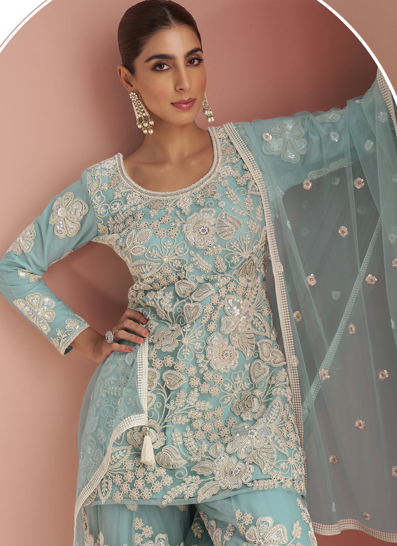 Vegaa Fashion Light Sky Blue Net Embroidered Beads Trendy Palazzo Suit