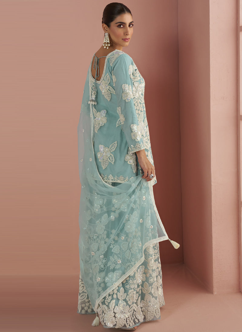 Vegaa Fashion Light Sky Blue Net Embroidered Beads Trendy Palazzo Suit