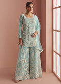 Vegaa Fashion Light Sky Blue Net Embroidered Beads Trendy Palazzo Suit