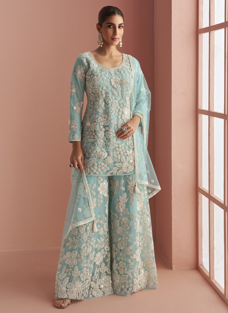 Vegaa Fashion Light Sky Blue Net Embroidered Beads Trendy Palazzo Suit