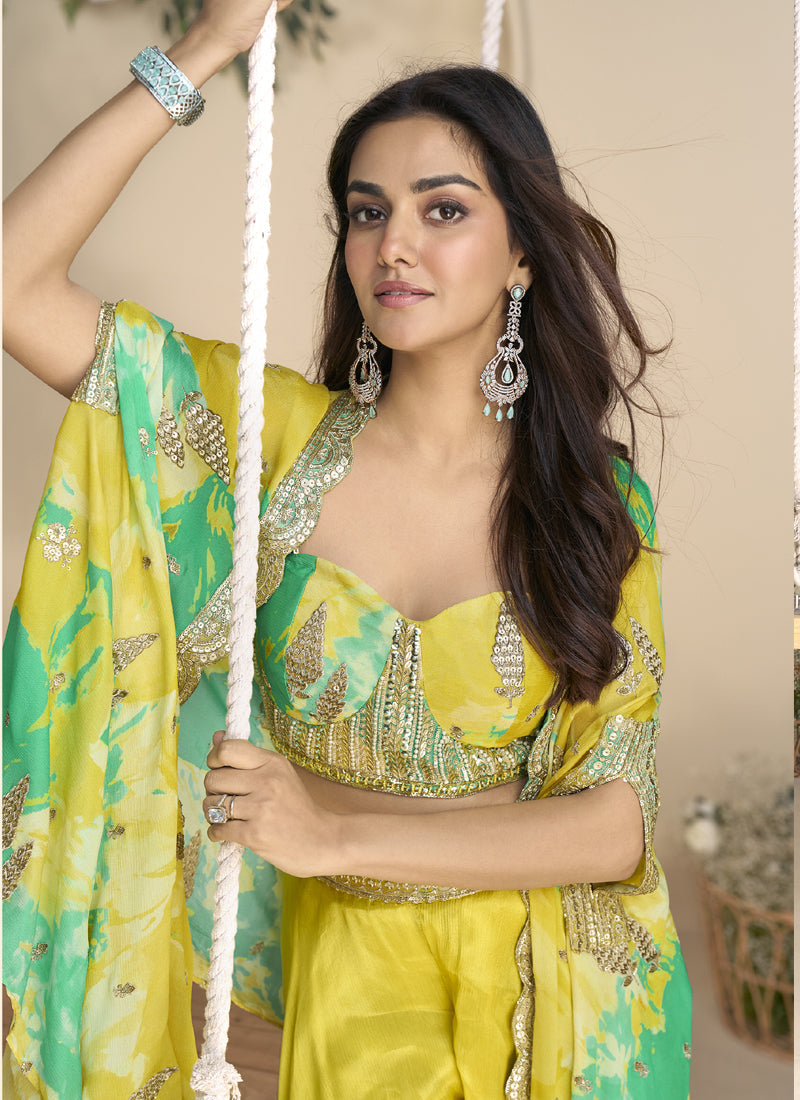Vegaa Fashion Yellow Real Chinon Silk Embroidered Shrug Style Western Suit