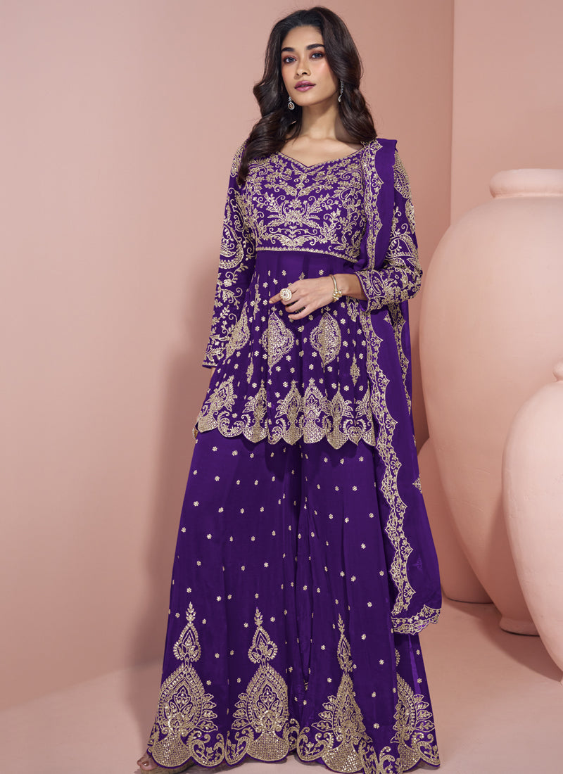 Vegaa Fashion Violet Georgette Embroidered designer Sharara Suit