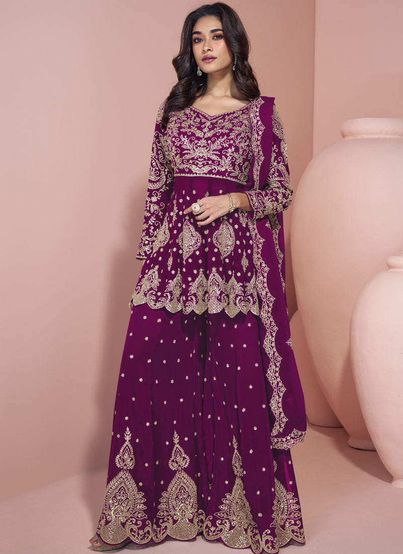 Vegaa Fashion Wine Georgette Embroidered designer Sharara Suit
