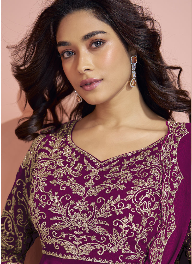 Vegaa Fashion Wine Georgette Embroidered designer Sharara Suit