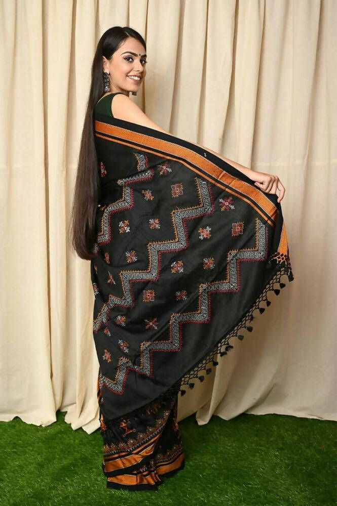 Very Much Indian Khun Saree Cotton Resham Handwoven Chrome Yellow & Black