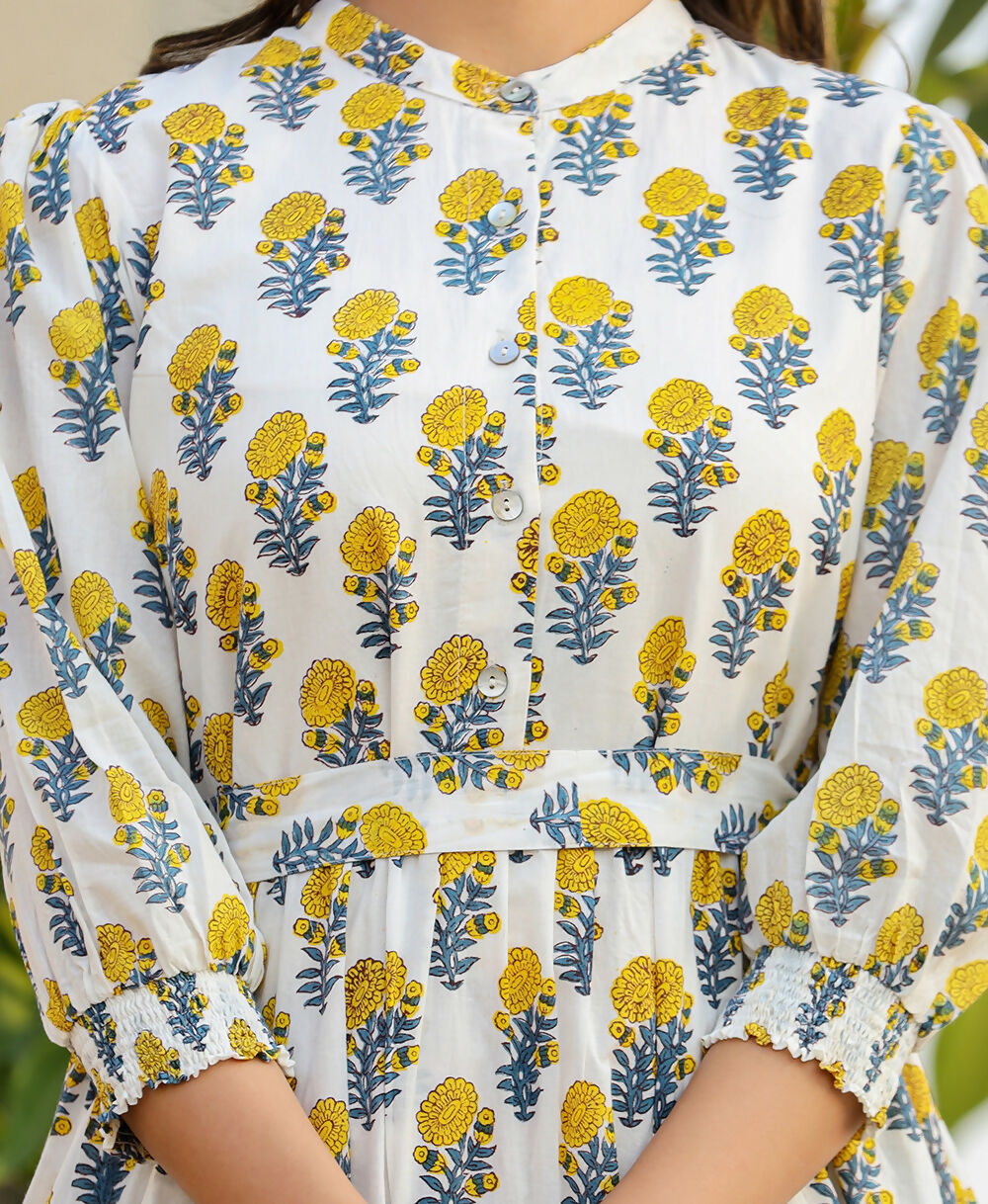 Kaajh Women's White-Yellow Ethnic Floral Hand Block Print Cotton Dress