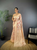 Joban Fashion Beige Floral Motifs Banarasi Silk Sarees