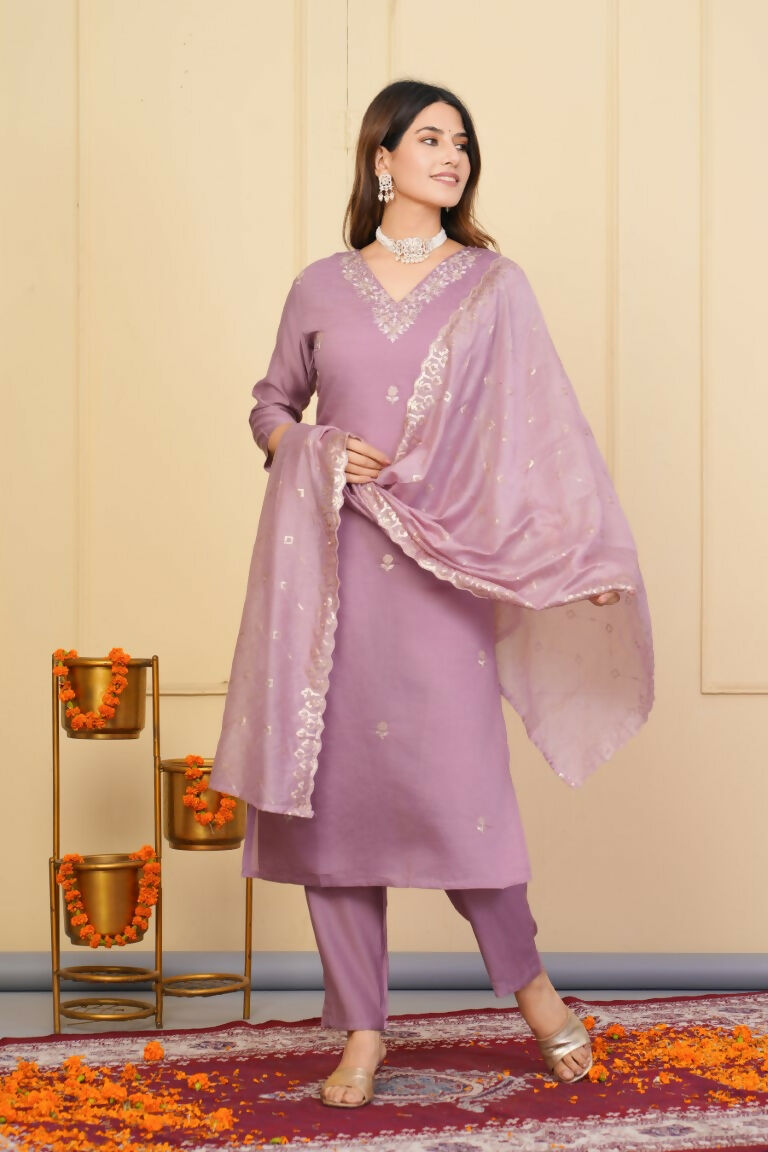 Wine Viscose Chanderi Embroidered Stitched Suit With Dupatta - Tanisha