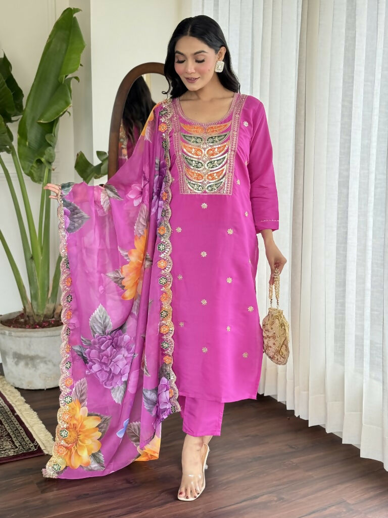 Light purple Viscose Chanderi Stitched Suit With Dupatta - Tanisha