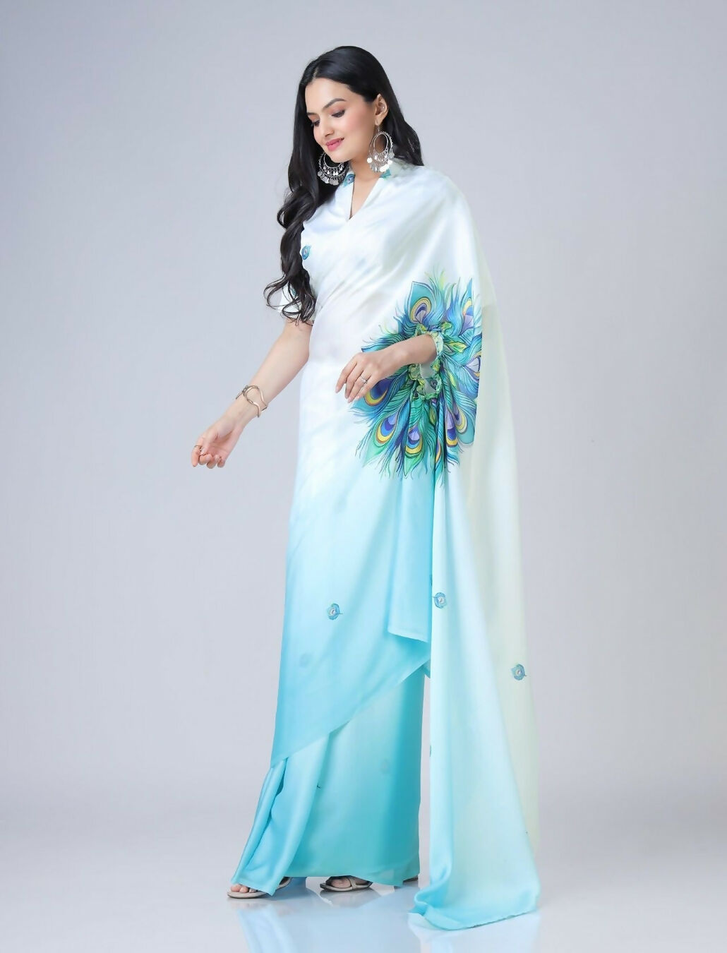 Vastranavya Sky Blue & White Ready to Wear Peacock Print Free Hand Saree