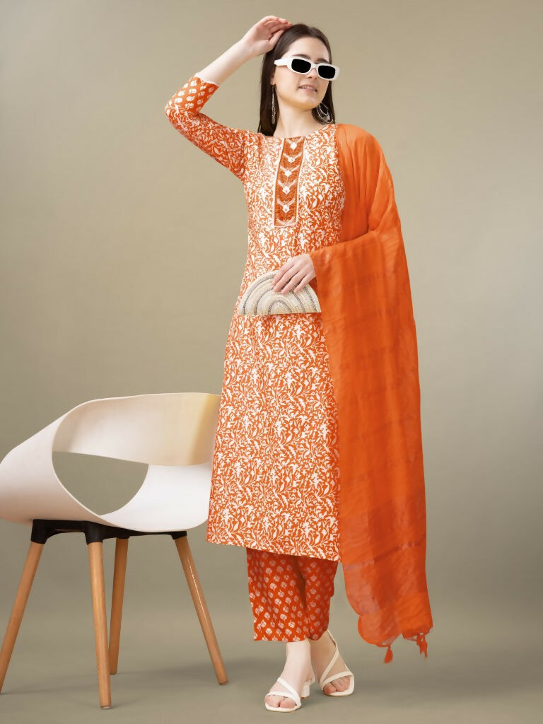 Jyoti Fashion Women's Orange Rayon Embroidery & Sequence work Kurta with Trouser & Dupatta