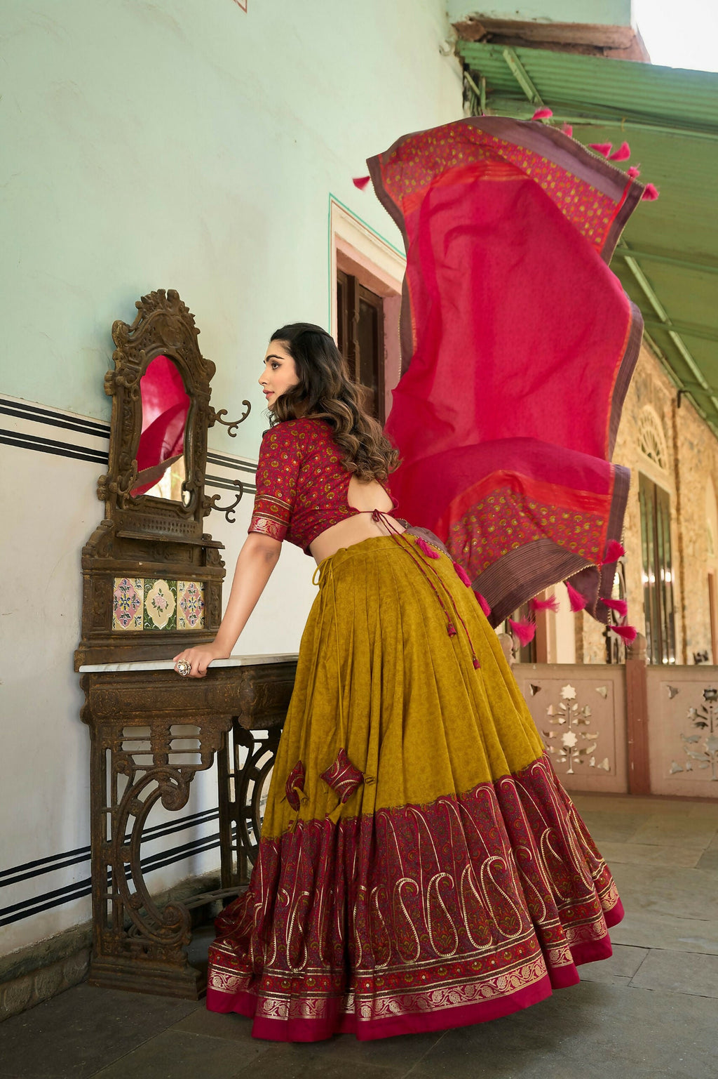 Vastranavya Floral Print With Foil Print Tussar Silk Lehenga With Unstitched Blouse - Mustard