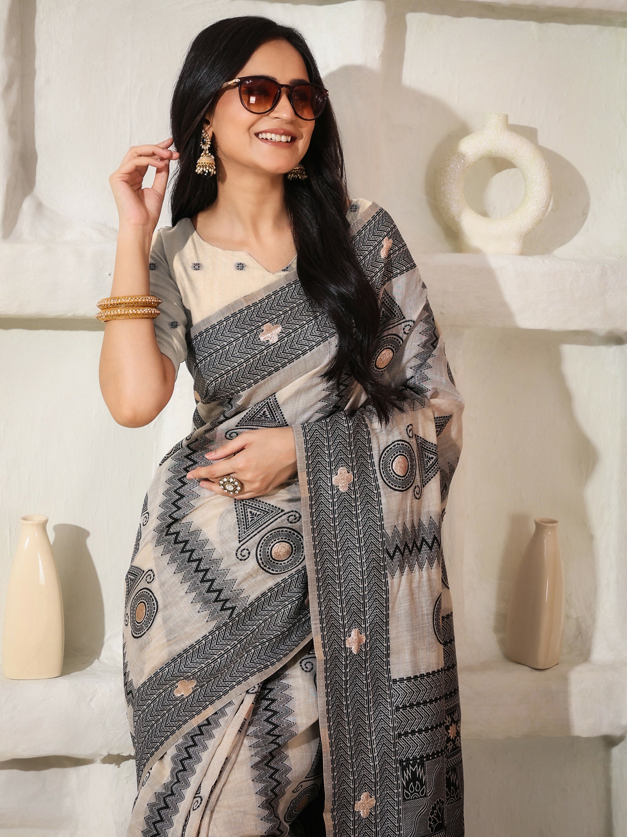 Shree Shyam Fashion Linen Cotton Black & Cream Saree