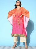 Ahalyaa Women's Orange Cotton Blend Printed Kaftan Kurta