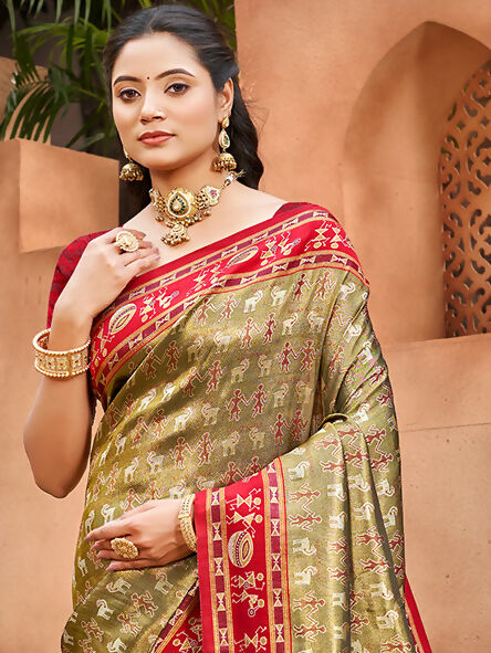 Sangam Prints Beige Kanjivaram Silk Woven Work Traditional Saree