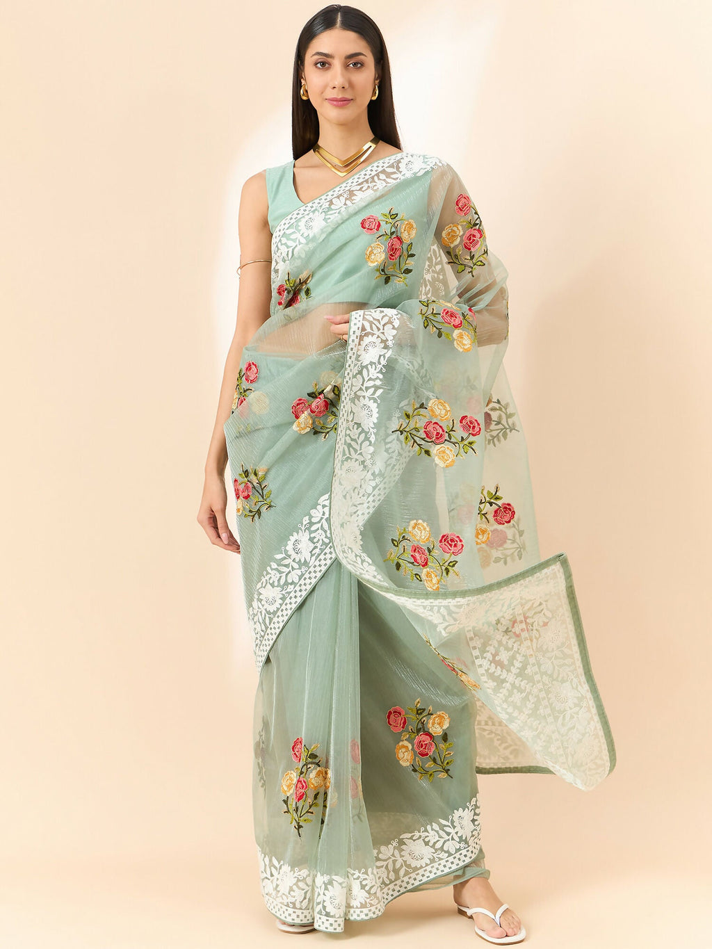 Green Organza Floral Embroidered Saree with Unstitched Blouse Piece - Roozal