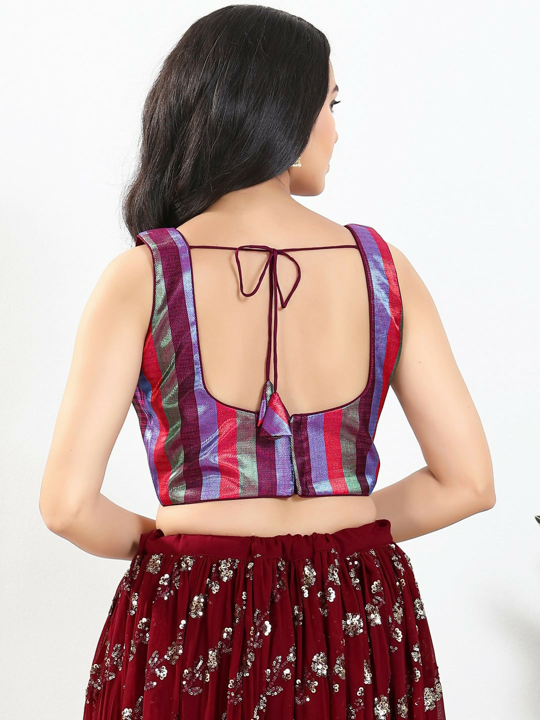 Joban Fashion Wine Multi Brocade Padded Blouse With Square Neck Sleeveless