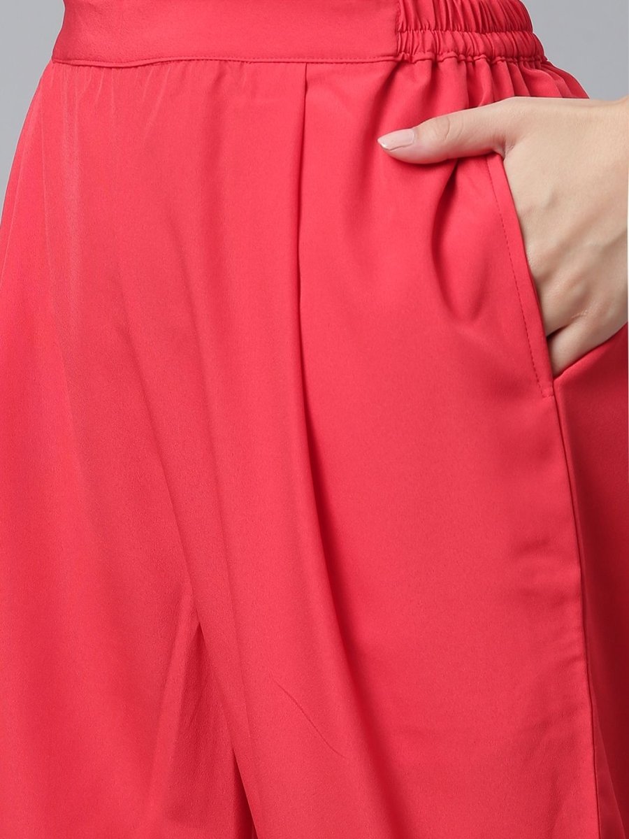 Ahalyaa Women Red Crepe Solid kurta Pant with Printed Jacket