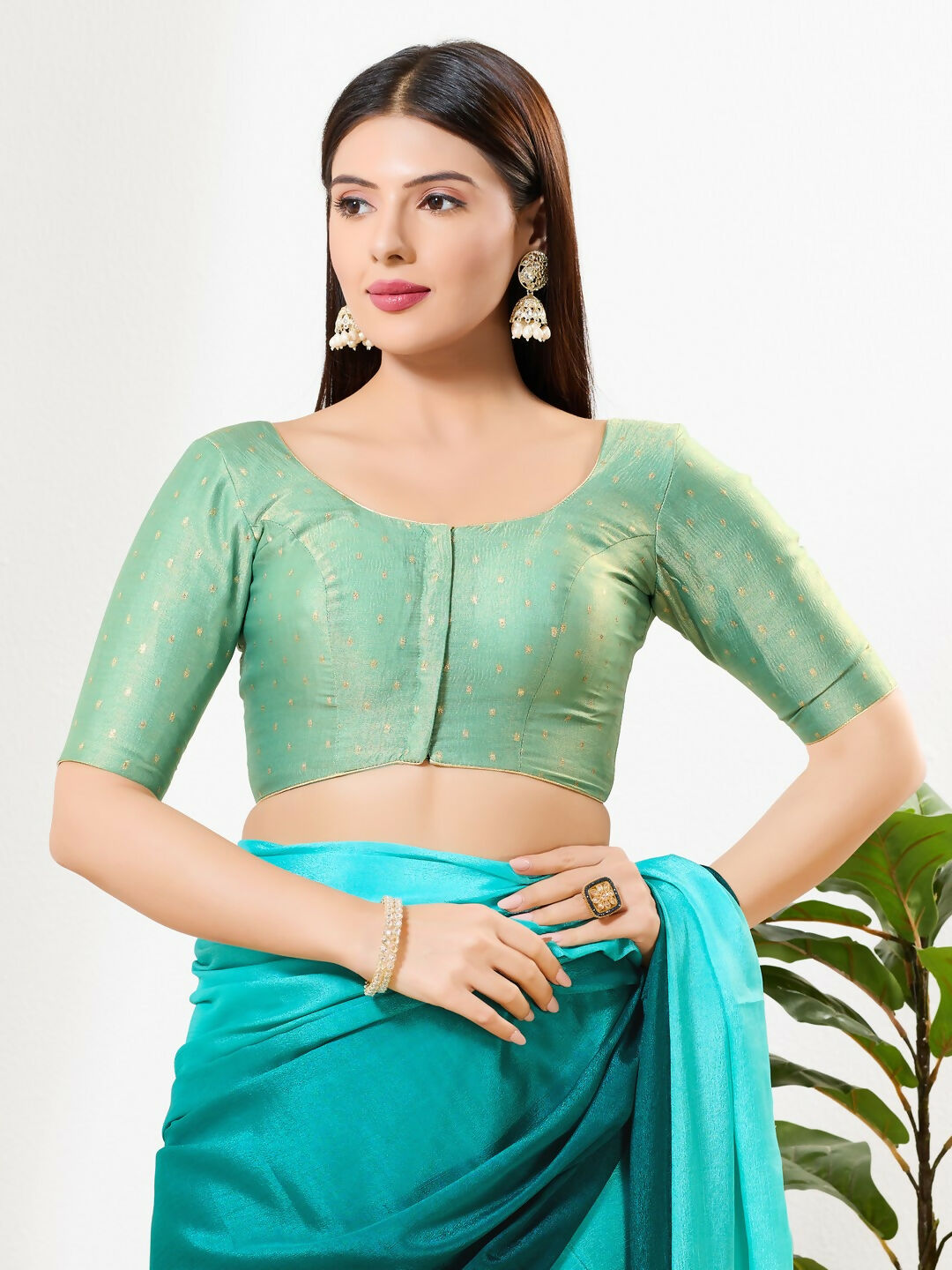 Joban Fashion Sage Green Tissue Padded Blouse With Round Neck Elbow Sleeves