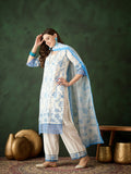 Blue & White Roman Silk Embroidered Kurta With Trouser & Dupatta - Bhumi