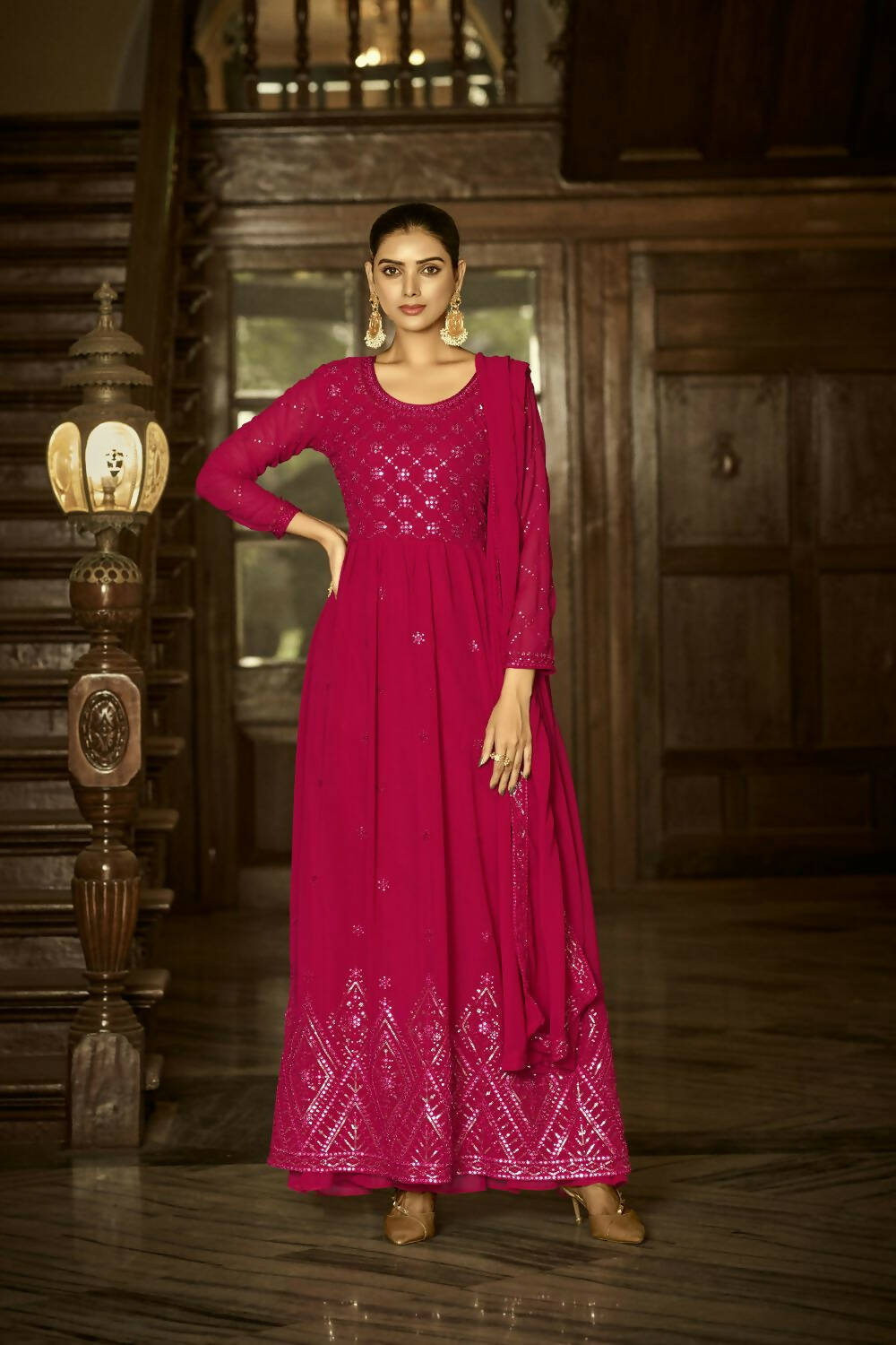 Pink Heavy Faux Georgette Anarkali Embroidered Kurta Set - Dhvani