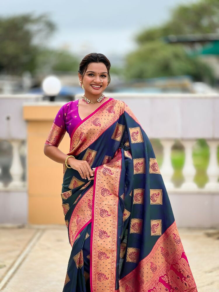 PR Fashion Morpich Soft Banarasi Silk With Zari Weaving Meenakari Design Saree