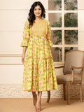 Yufta Green Cotton Floral Print Tiered Dress With Ruffles