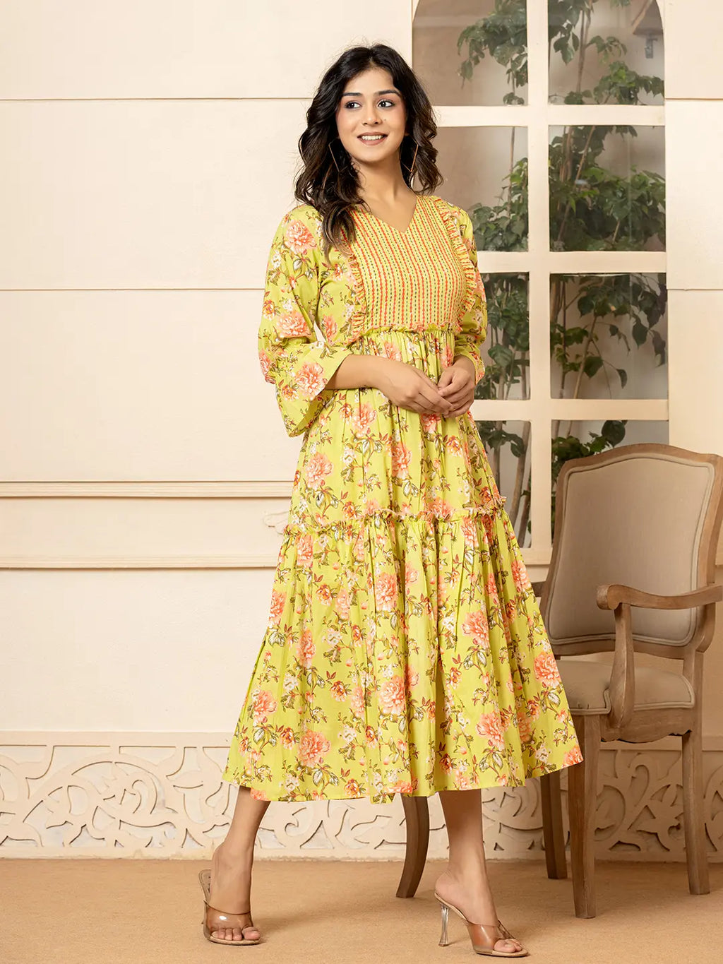 Yufta Green Cotton Floral Print Tiered Dress With Ruffles