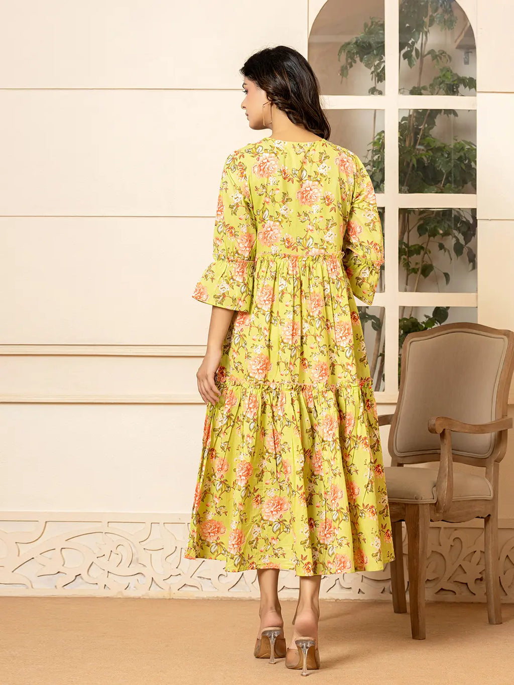 Yufta Green Cotton Floral Print Tiered Dress With Ruffles
