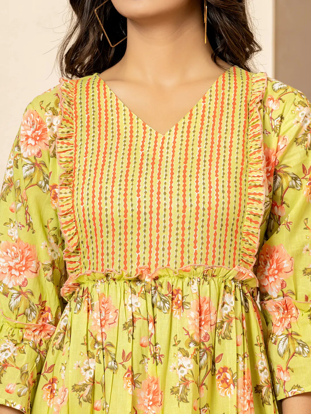 Yufta Green Cotton Floral Print Tiered Dress With Ruffles