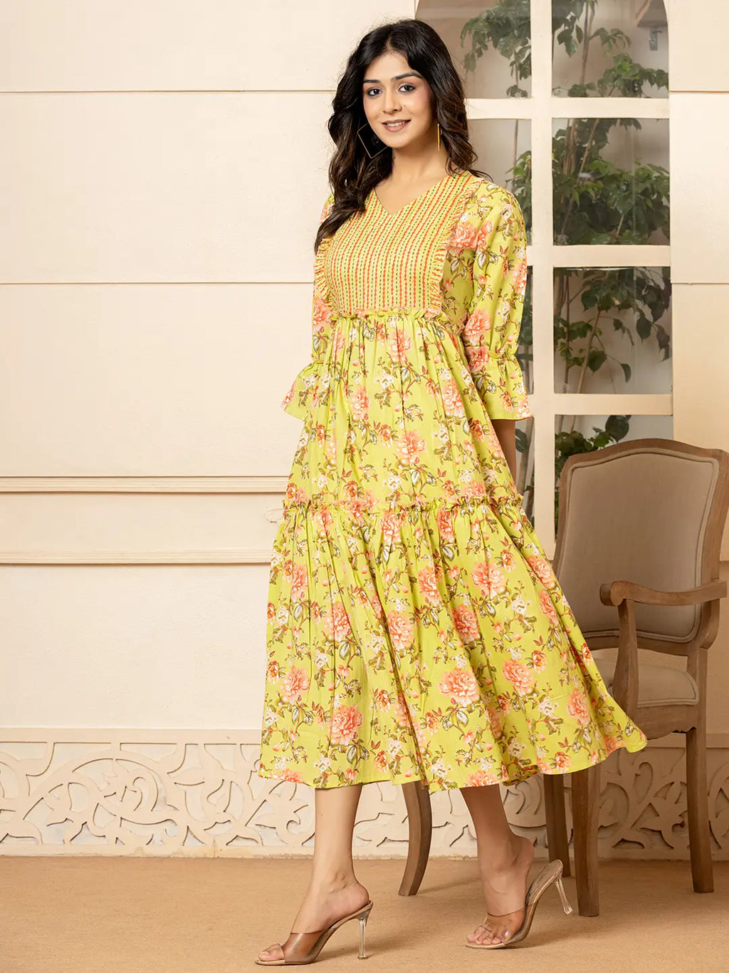 Yufta Green Cotton Floral Print Tiered Dress With Ruffles