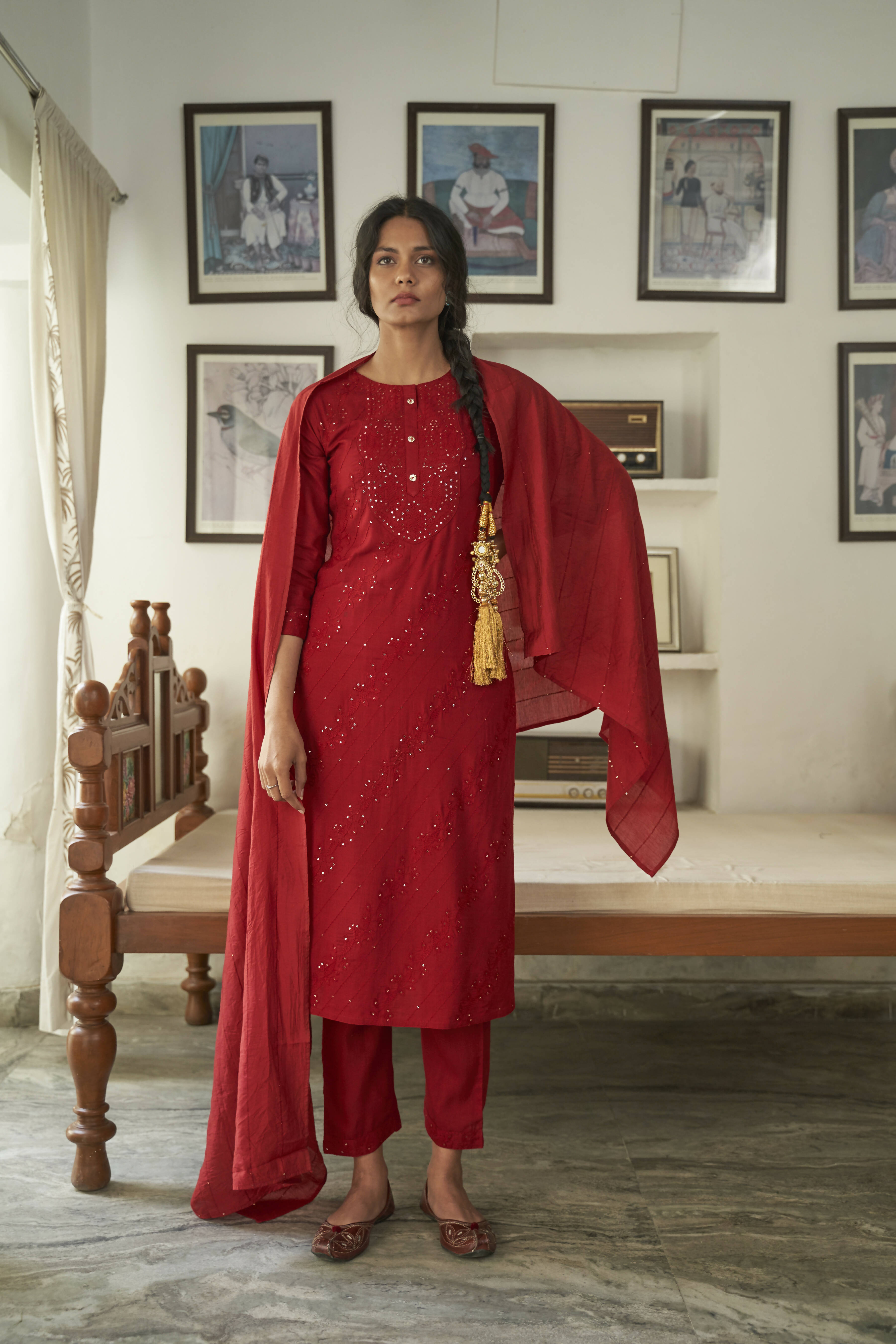 Maroon Rayon Sequence Embroidery work Straight kurta with Pant & Dupatta - Akashara